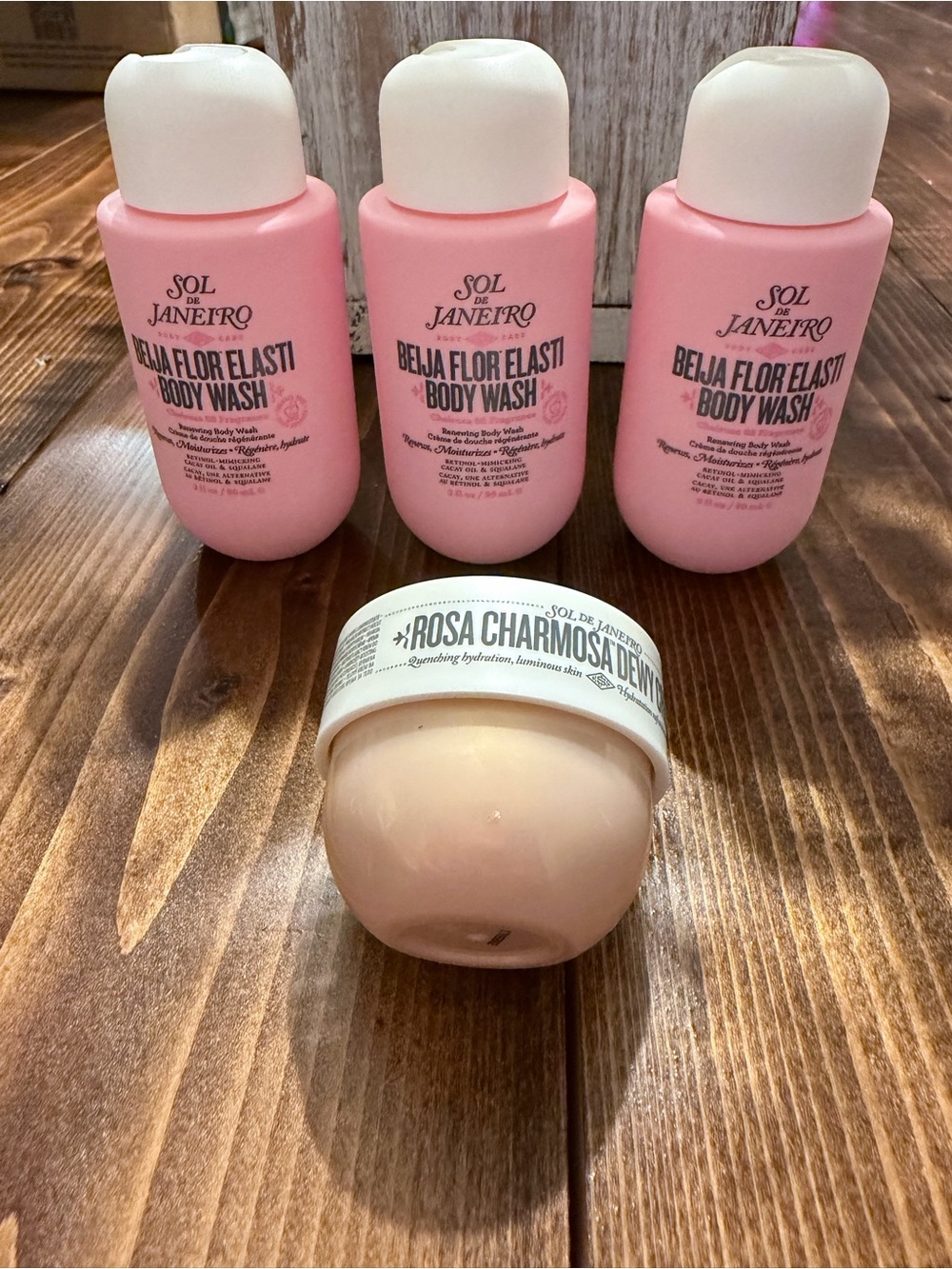 3 travel Sol Janeiro Beira Flor Elasti Body Washes & Rosa Charmosa travel cream